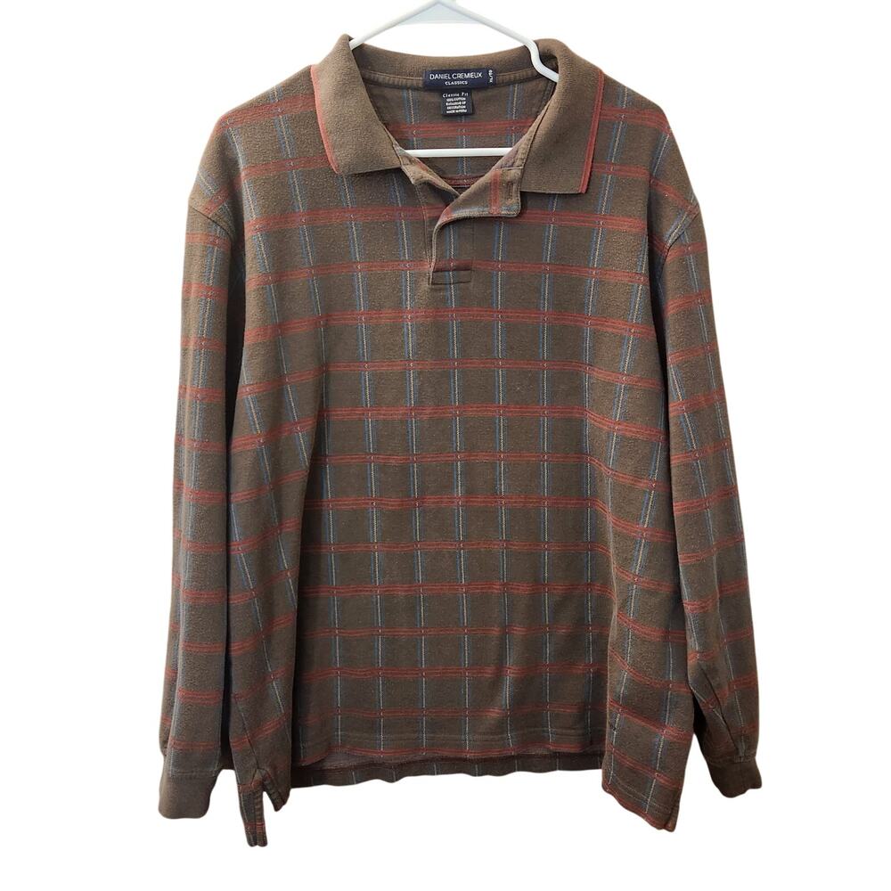 Daniel Cremieux Men’s XL Plaid Long Sleeve Polo Shirt Cotton Brown